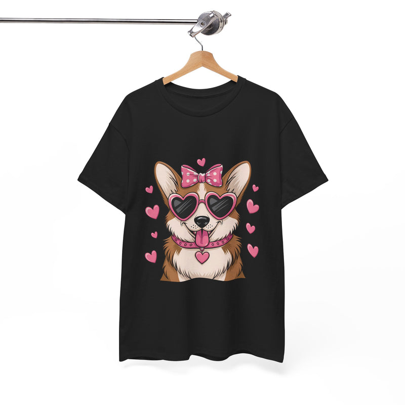 Corgi with Pink Hearts Valentine's Day Unisex Heavy Cotton Tee