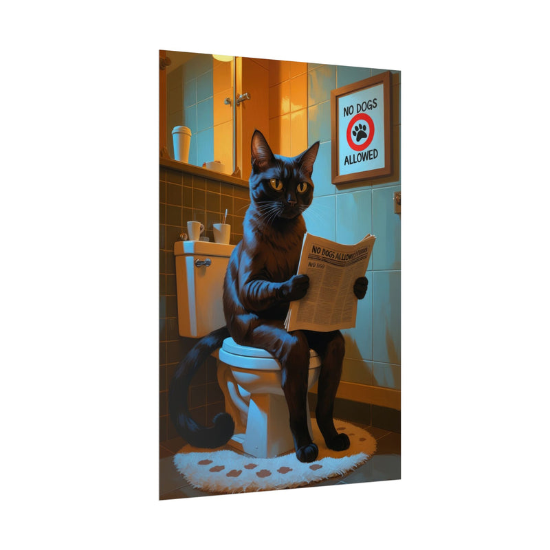 Funny Abyssinian Cat Bathroom Poster – Cat Sitting on Toilet Reading Newspaper | Humorous Cat Wall Art for Bathroom Decor