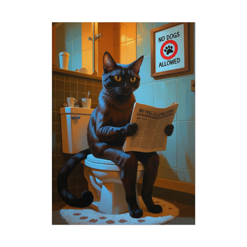 Funny Abyssinian Cat Bathroom Poster – Cat Sitting on Toilet Reading Newspaper | Humorous Cat Wall Art for Bathroom Decor