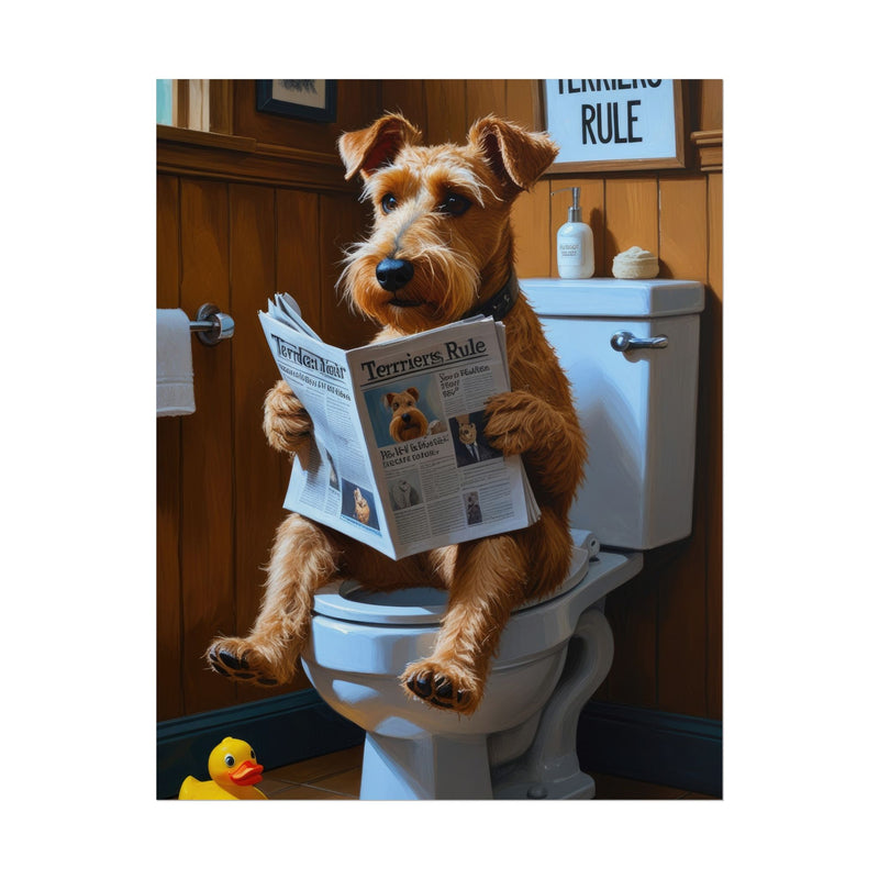 Funny Airedale Terrier Bathroom Poster – Dog Sitting on Toilet Reading Newspaper | Humorous Dog Wall Art for Bathroom Decor