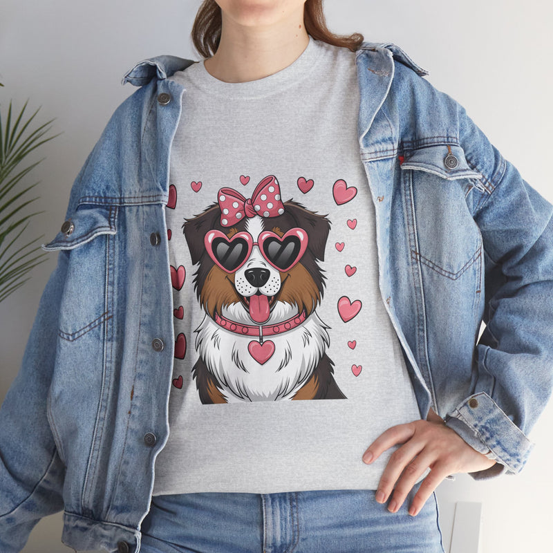 Australian Shepherd with Pink Hearts Valentine's Day Unisex Heavy Cotton Tee