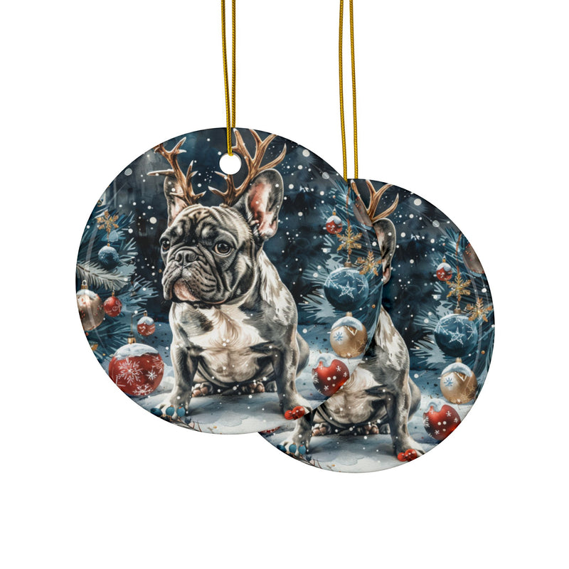 French Bulldog Christmas Ornament – 3D Watercolor Holiday Design with Reindeer Antlers