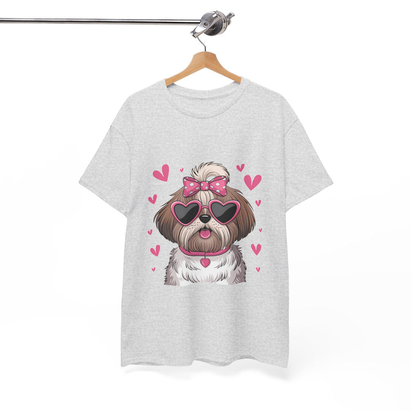 Shih Tzu with Pink Hearts Valentine's Day Unisex Heavy Cotton Tee