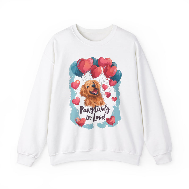 Pawsitively in Love Golden Retriever Unisex Crewneck Sweatshirt – Valentine's Day Heart Balloons Design