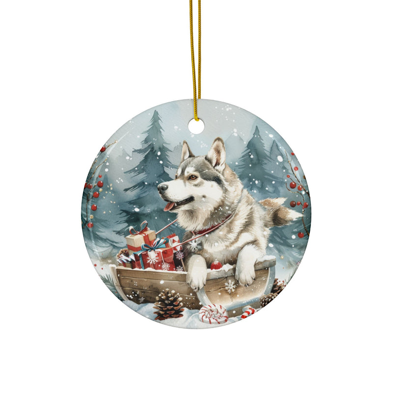 Siberian Husky Christmas Ornament – 3D Watercolor Holiday Design with Sleigh, Presents, and Candy Canes in Snowy Forest