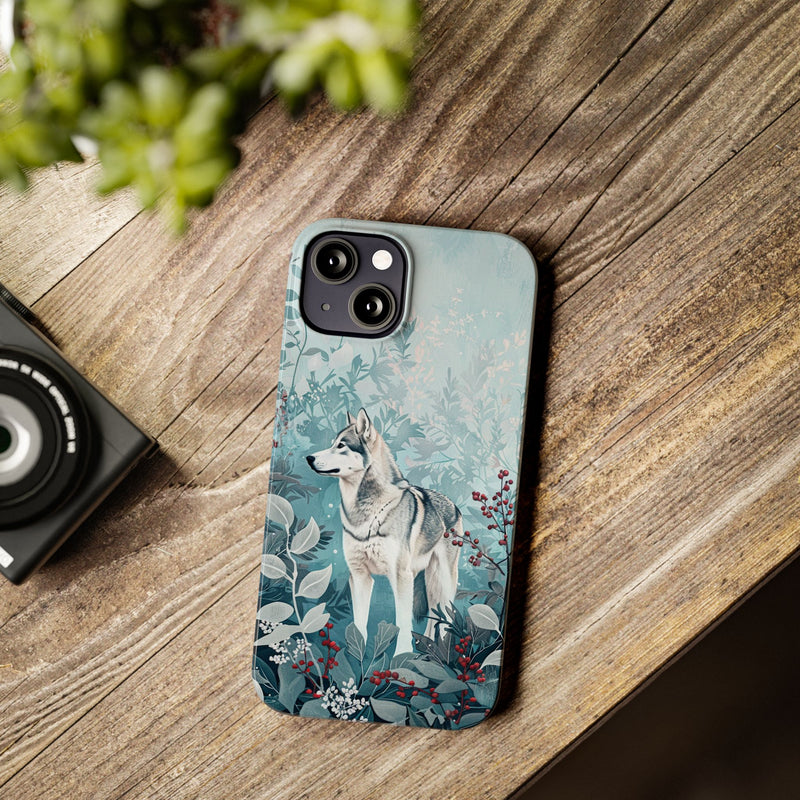 Siberian Husky with Flowers Slim iPhone Cases