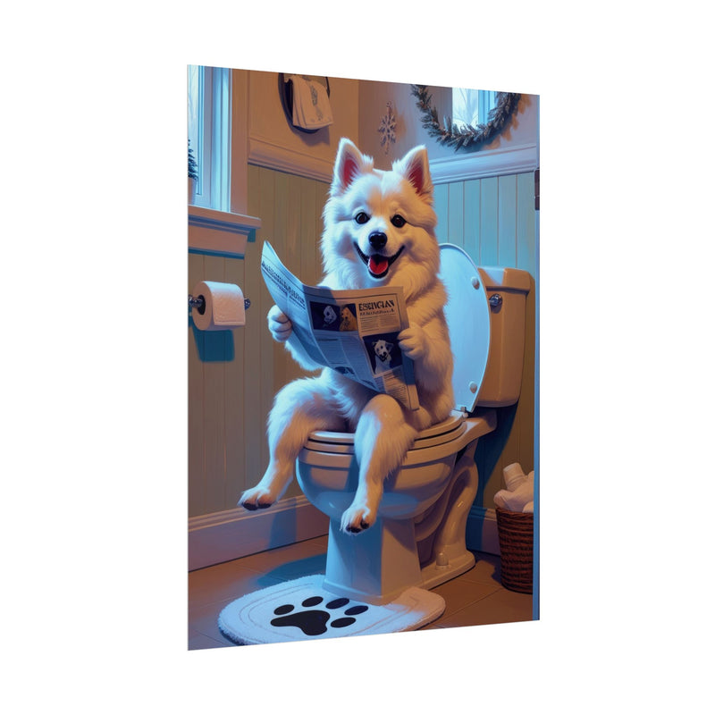 Funny American Eskimo Dog Bathroom Poster – Dog Sitting on Toilet Reading Newspaper | Humorous Dog Wall Art for Bathroom Decor