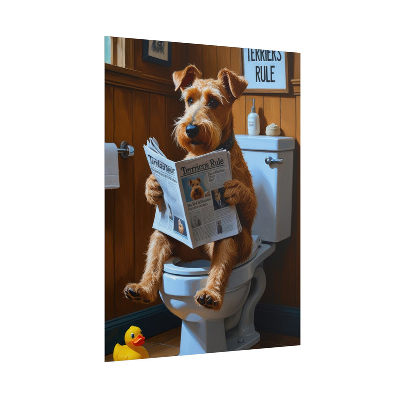 Funny Airedale Terrier Bathroom Poster – Dog Sitting on Toilet Reading Newspaper | Humorous Dog Wall Art for Bathroom Decor