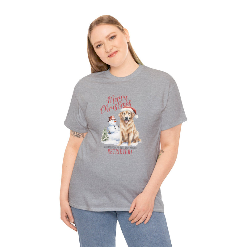 Merry Christmas Golden Retriever Unisex Heavy Cotton Tee | Golden Retriever Christmas Gifts