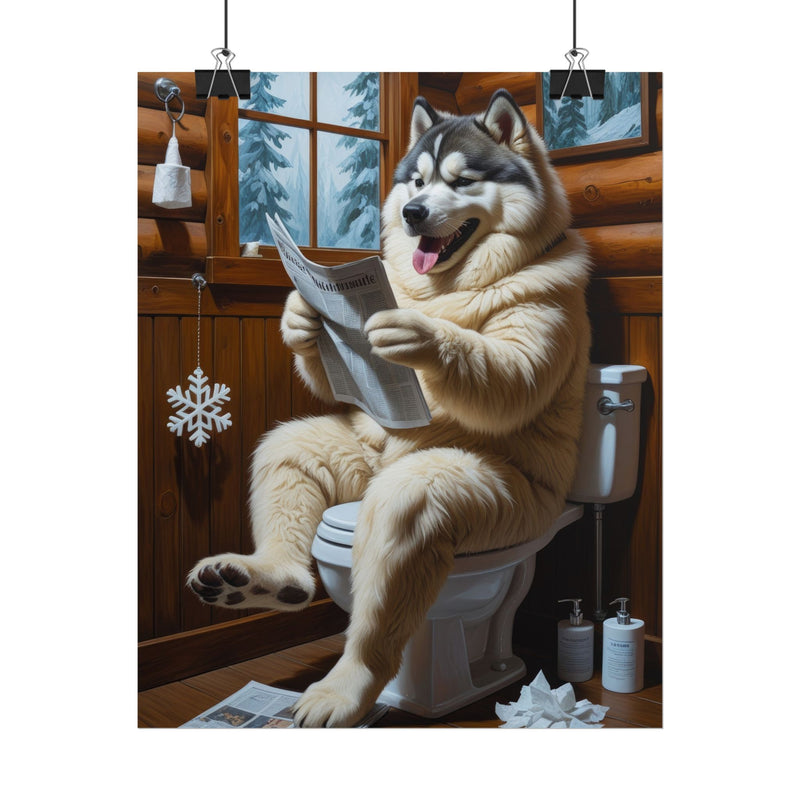 Funny Alaskan Malamute Bathroom Poster – Dog Sitting on Toilet Reading Newspaper | Humorous Dog Wall Art for Bathroom Decor