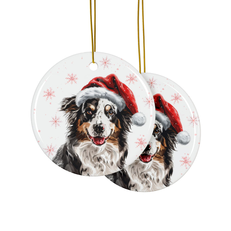 Australian Shepherd with Santa Hat Round Ceramic Christmas Ornament