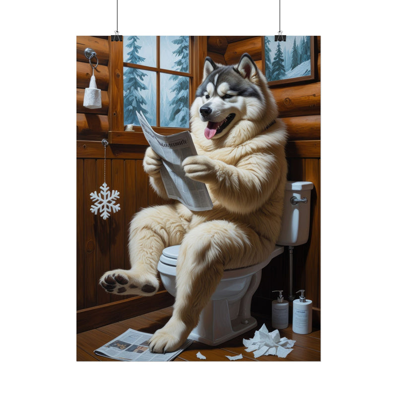 Funny Alaskan Malamute Bathroom Poster – Dog Sitting on Toilet Reading Newspaper | Humorous Dog Wall Art for Bathroom Decor