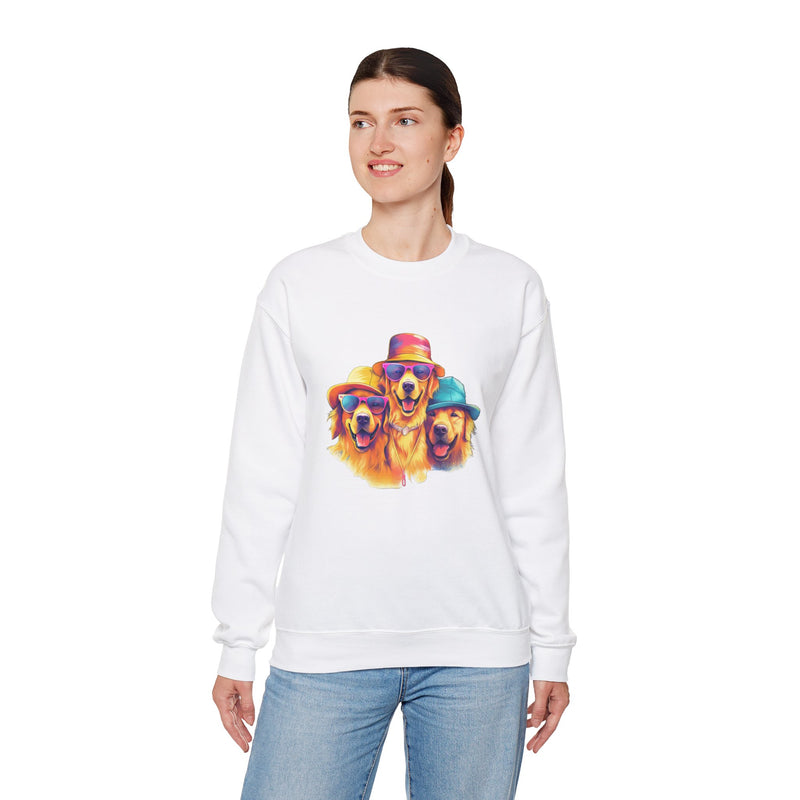 Golden Retrievers in Quirky Hats & Sunglasses Unisex Heavy Blend™ Sweatshirt | Fun Whimsical Design