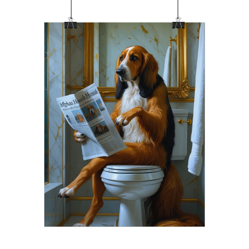 Funny Afghan Hound Bathroom Poster – Dog Sitting on Toilet Reading Newspaper | Humorous Dog Wall Art for Bathroom Decor