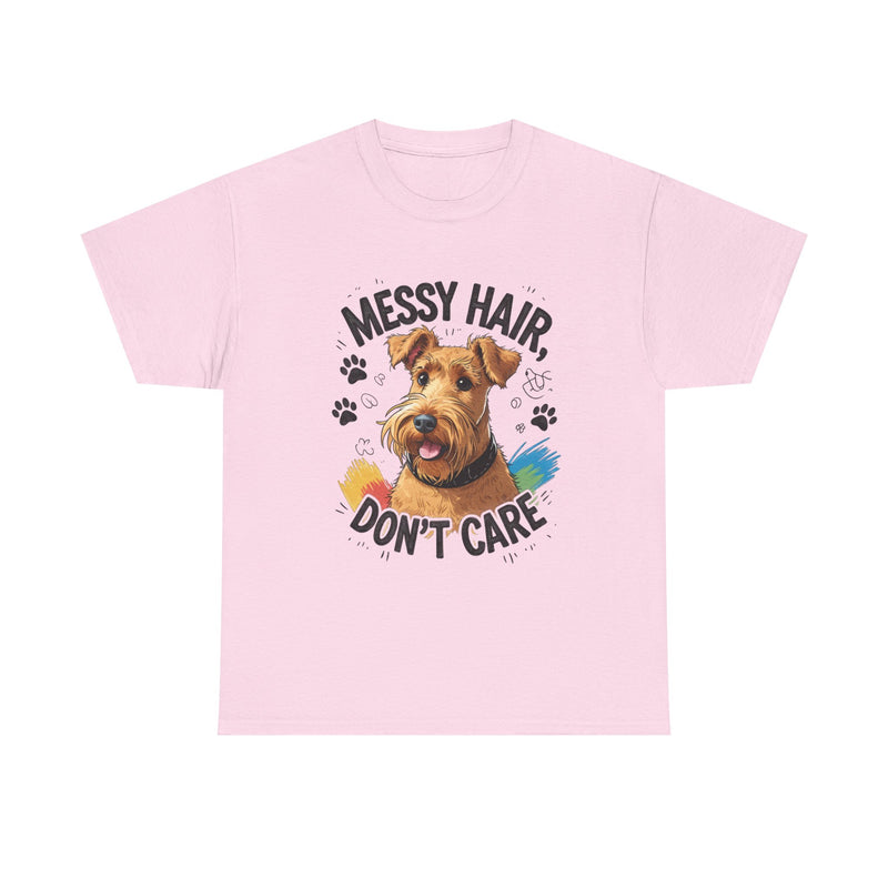 Messy Hair Don’t Care – Funny Airedale Terrier Cartoon Unisex Heavy Cotton T-Shirt