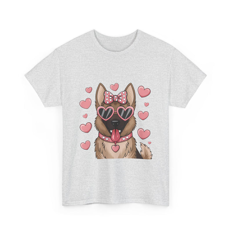 German Shepherd with Pink Hearts Valentine's Day Unisex Heavy Cotton Tee