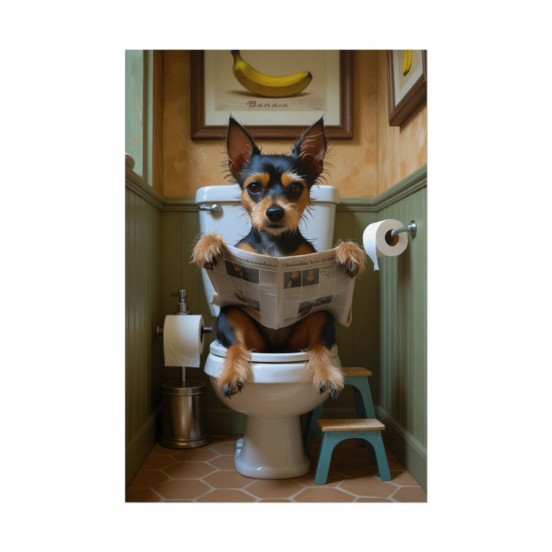 Funny Affenpinscher Bathroom Poster – Dog Sitting on Toilet Reading Newspaper | Humorous Dog Wall Art for Bathroom Decor