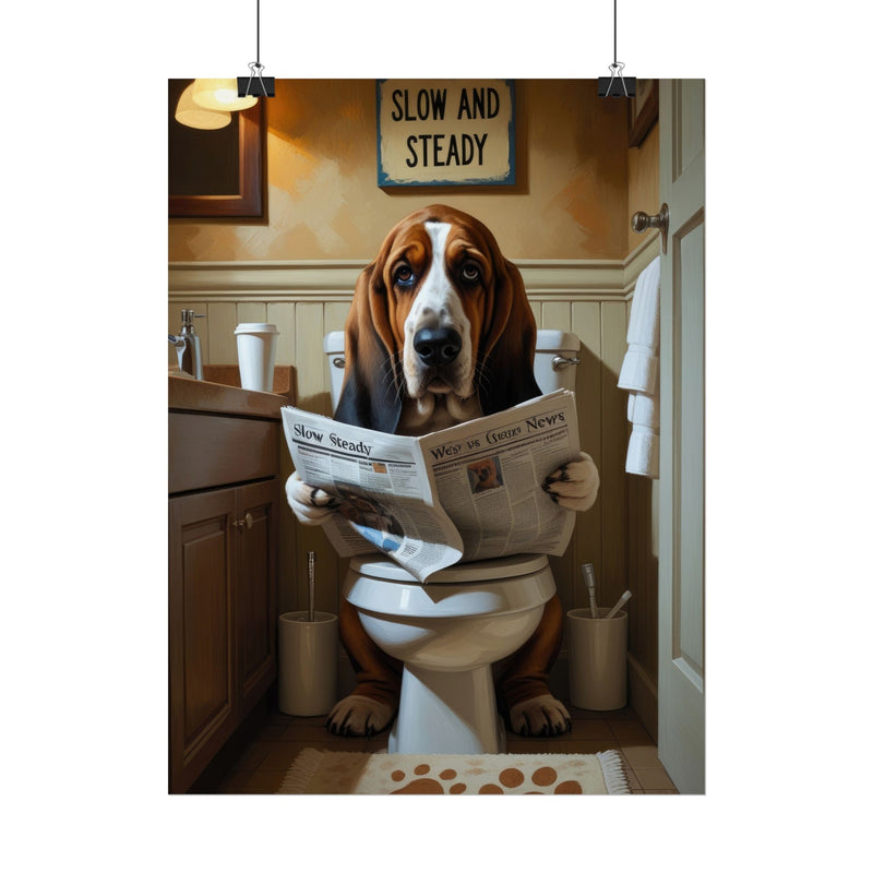 Funny Basset Hound Bathroom Poster – Dog Sitting on Toilet Reading Newspaper | Humorous Dog Wall Art for Bathroom Decor