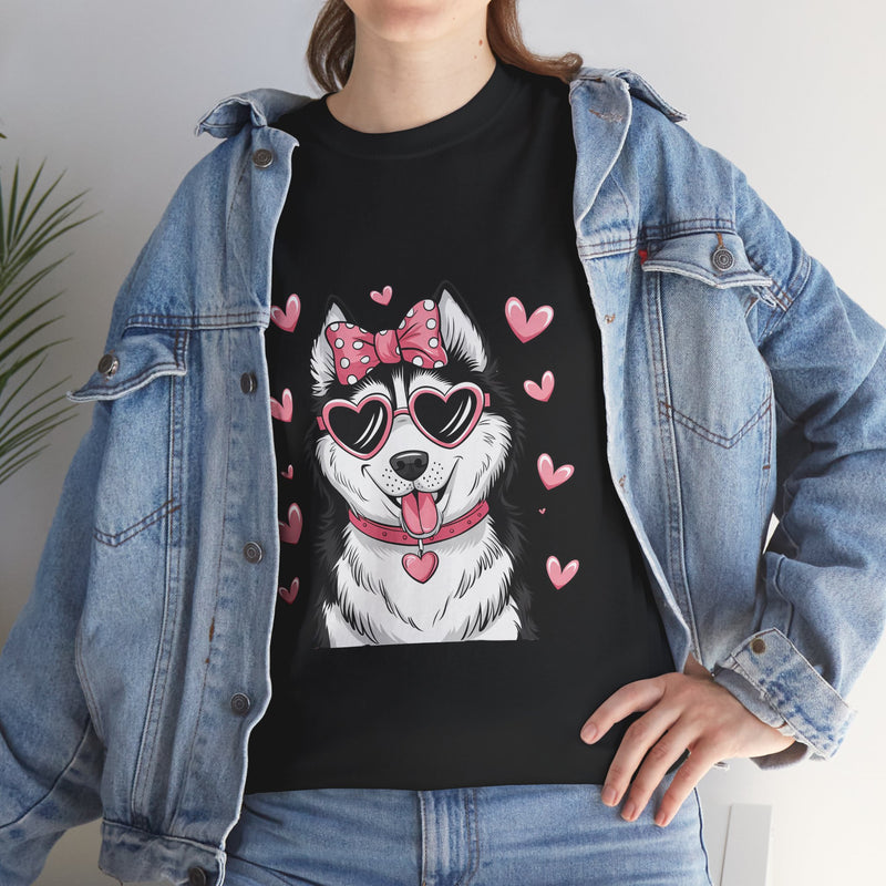 Siberian Husky with Pink Hearts Valentine's Day Unisex Heavy Cotton Tee