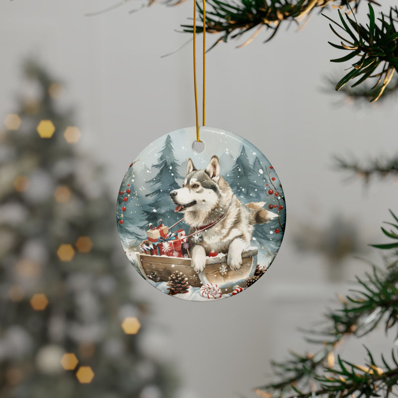 Siberian Husky Christmas Ornament – 3D Watercolor Holiday Design with Sleigh, Presents, and Candy Canes in Snowy Forest