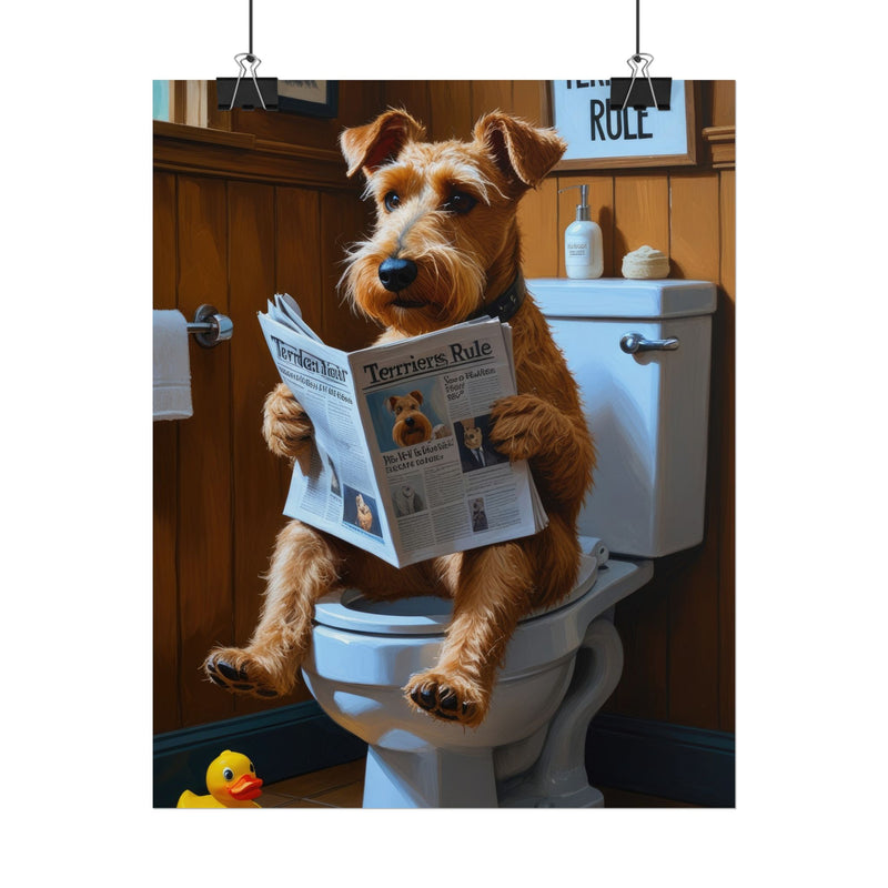 Funny Airedale Terrier Bathroom Poster – Dog Sitting on Toilet Reading Newspaper | Humorous Dog Wall Art for Bathroom Decor