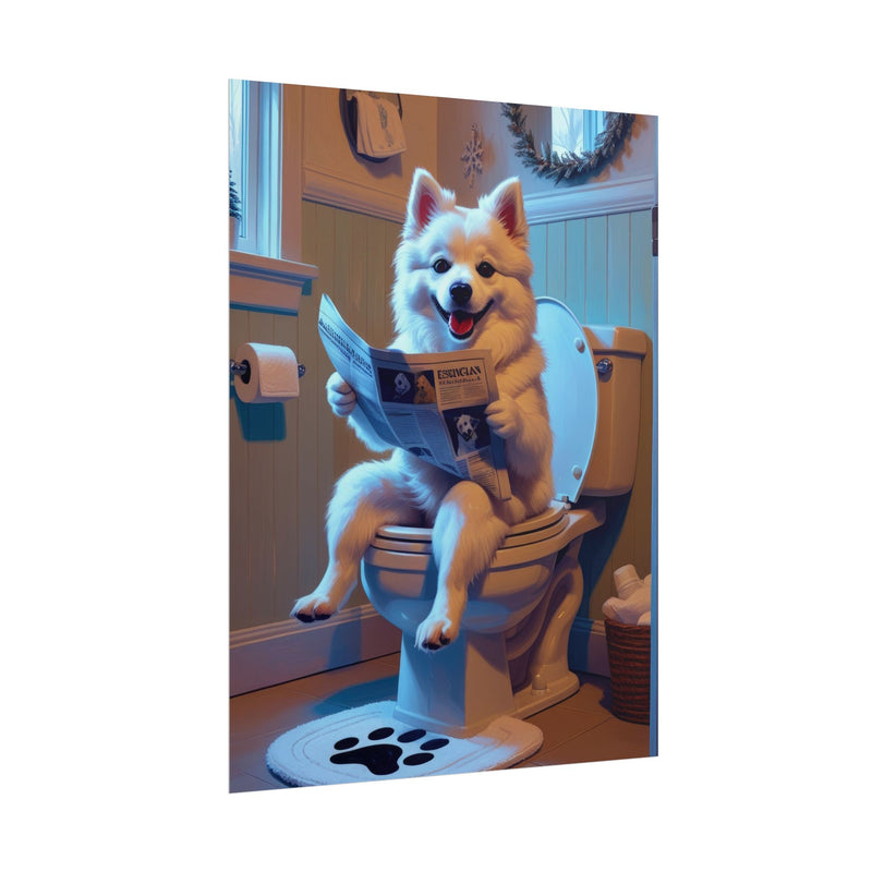 Funny American Eskimo Dog Bathroom Poster – Dog Sitting on Toilet Reading Newspaper | Humorous Dog Wall Art for Bathroom Decor