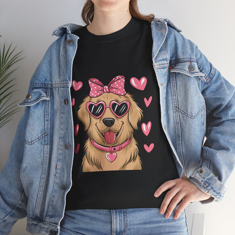 Golden Retriever with Pink Hearts Valentine's Day Unisex Heavy Cotton Tee