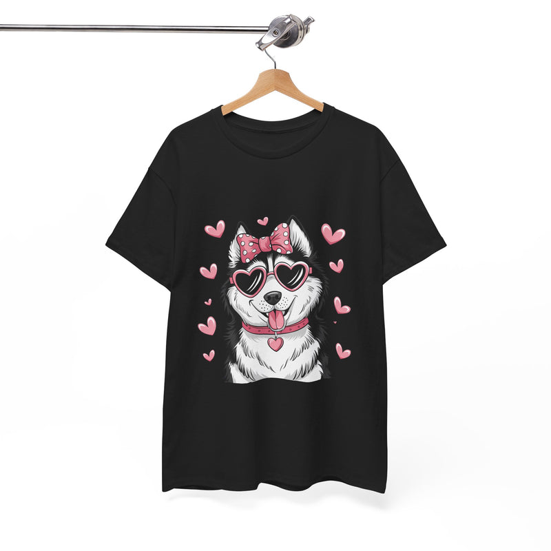 Siberian Husky with Pink Hearts Valentine's Day Unisex Heavy Cotton Tee