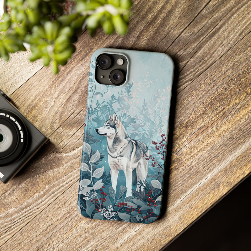 Siberian Husky with Flowers Slim iPhone Cases