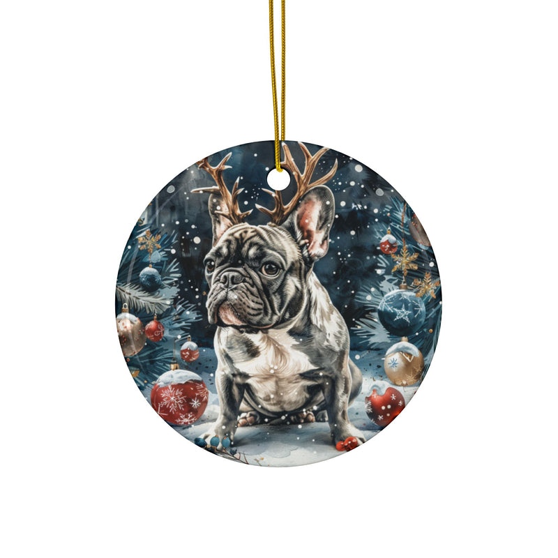 French Bulldog Christmas Ornament – 3D Watercolor Holiday Design with Reindeer Antlers