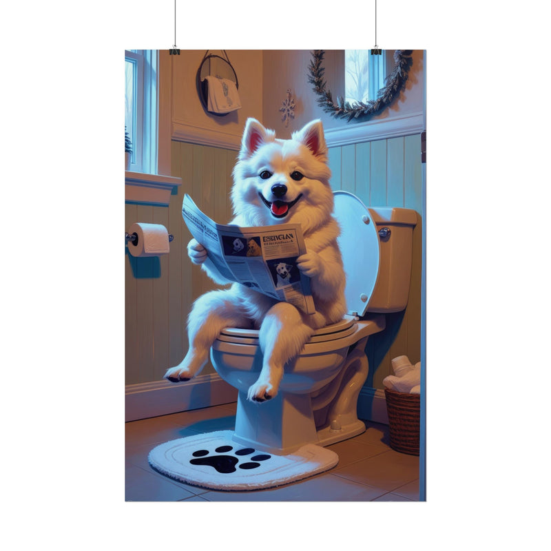 Funny American Eskimo Dog Bathroom Poster – Dog Sitting on Toilet Reading Newspaper | Humorous Dog Wall Art for Bathroom Decor