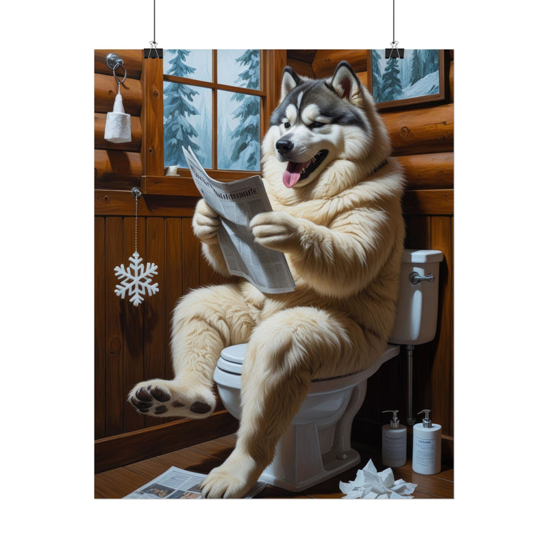 Funny Alaskan Malamute Bathroom Poster – Dog Sitting on Toilet Reading Newspaper | Humorous Dog Wall Art for Bathroom Decor