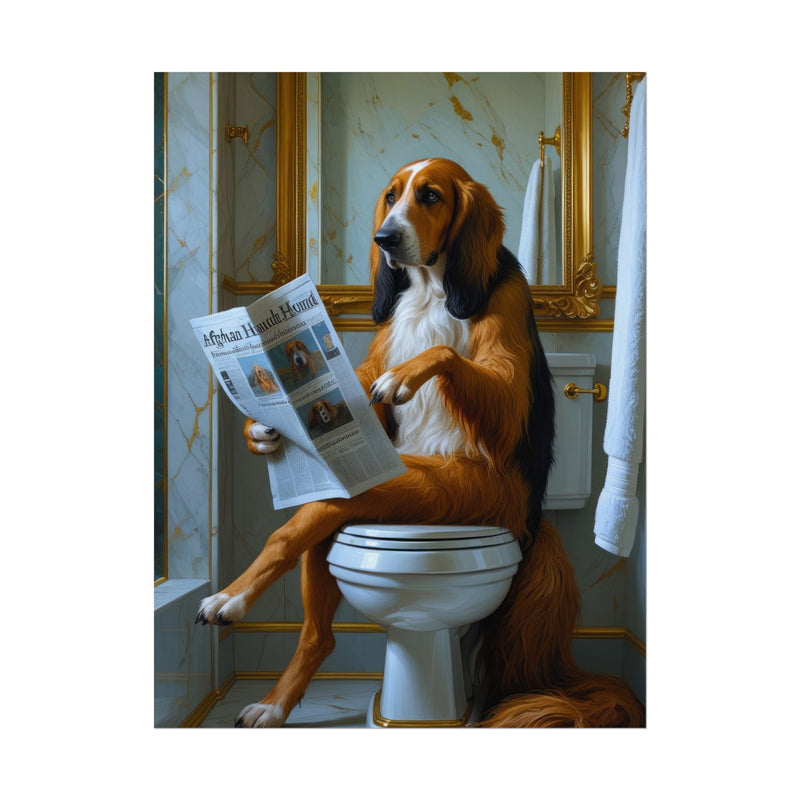 Funny Afghan Hound Bathroom Poster – Dog Sitting on Toilet Reading Newspaper | Humorous Dog Wall Art for Bathroom Decor