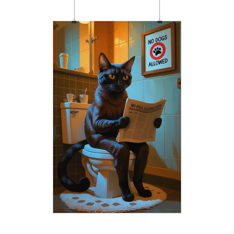 Funny Abyssinian Cat Bathroom Poster – Cat Sitting on Toilet Reading Newspaper | Humorous Cat Wall Art for Bathroom Decor