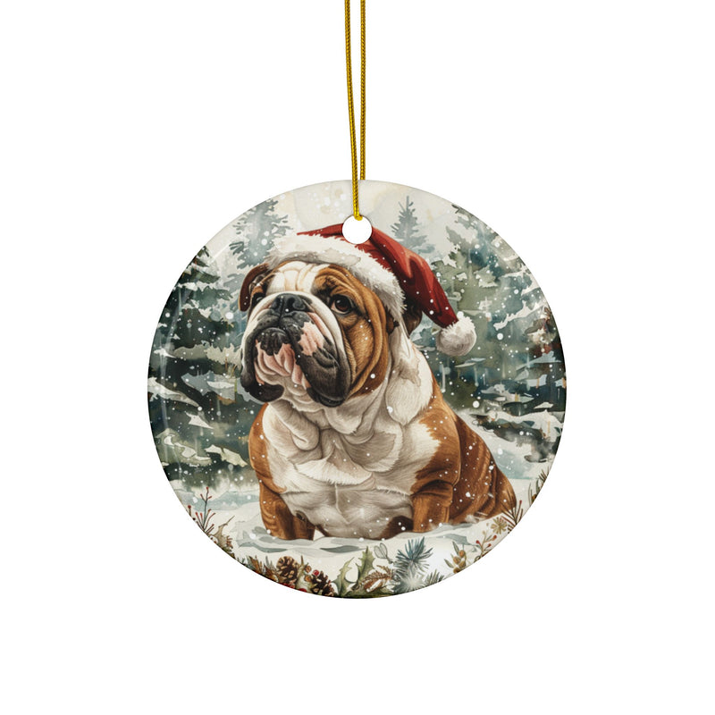 English Bulldog Christmas Ornament – 3D Watercolor Holiday Design with Santa Hat in Snowy Scene with Christmas Trees and Garlands