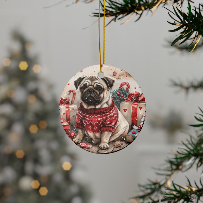 Pug Christmas Ornament – 3D Watercolor Holiday Design with Christmas Sweater, Presents, Candy Canes, and Gingerbread Cookies