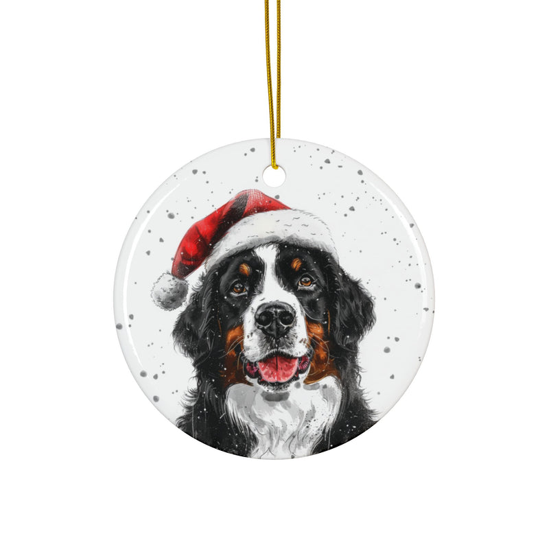 Bernese Mountain with Santa Hat Round Ceramic Christmas Ornament