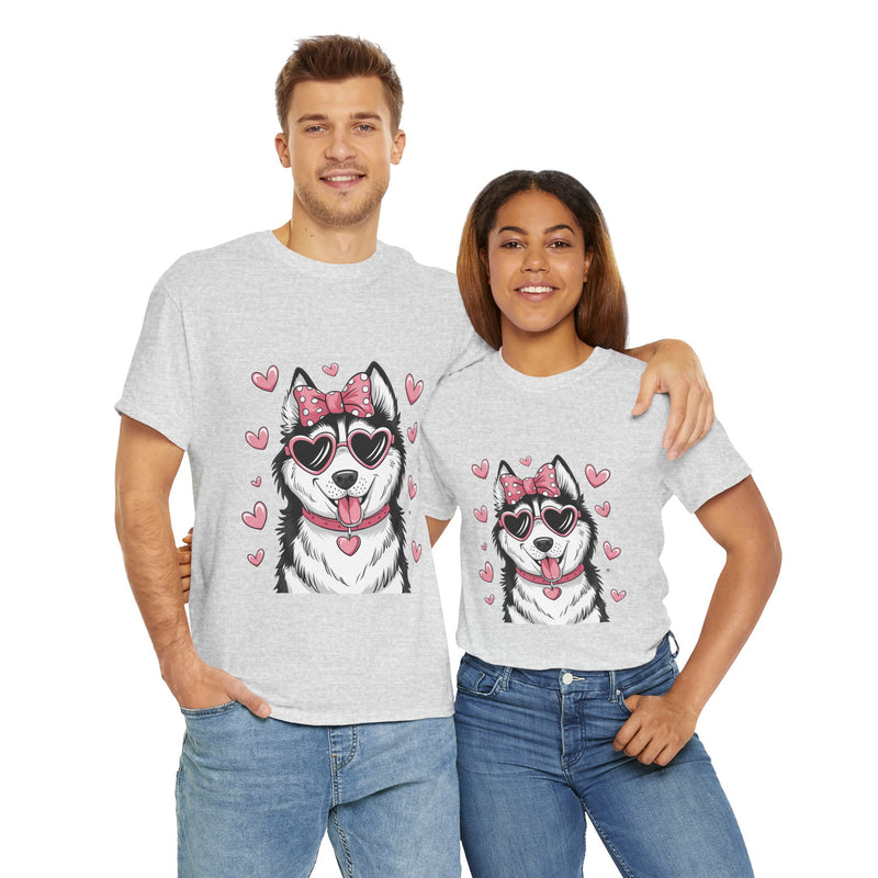 Siberian Husky with Pink Hearts Valentine's Day Unisex Heavy Cotton Tee