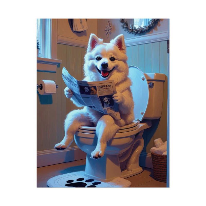 Funny American Eskimo Dog Bathroom Poster – Dog Sitting on Toilet Reading Newspaper | Humorous Dog Wall Art for Bathroom Decor