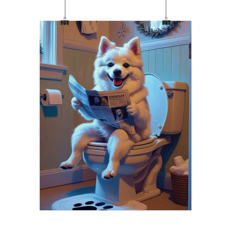 Funny American Eskimo Dog Bathroom Poster – Dog Sitting on Toilet Reading Newspaper | Humorous Dog Wall Art for Bathroom Decor