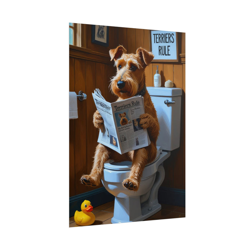 Funny Airedale Terrier Bathroom Poster – Dog Sitting on Toilet Reading Newspaper | Humorous Dog Wall Art for Bathroom Decor