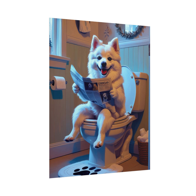 Funny American Eskimo Dog Bathroom Poster – Dog Sitting on Toilet Reading Newspaper | Humorous Dog Wall Art for Bathroom Decor