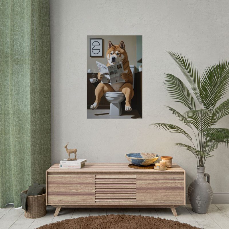 Funny Akita Bathroom Poster – Dog Sitting on Toilet Reading Newspaper | Humorous Dog Wall Art for Bathroom Decor