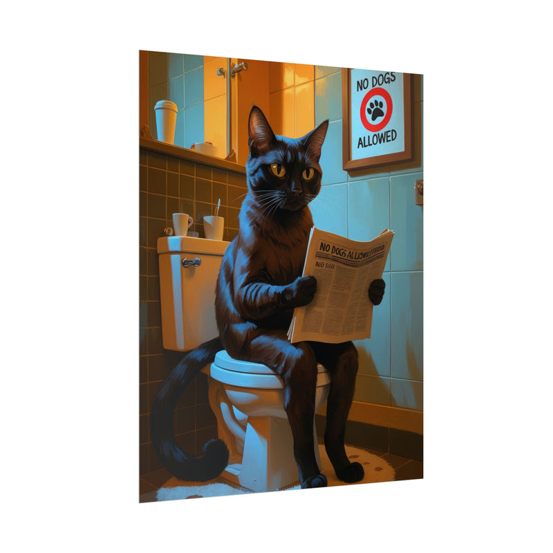 Funny Abyssinian Cat Bathroom Poster – Cat Sitting on Toilet Reading Newspaper | Humorous Cat Wall Art for Bathroom Decor