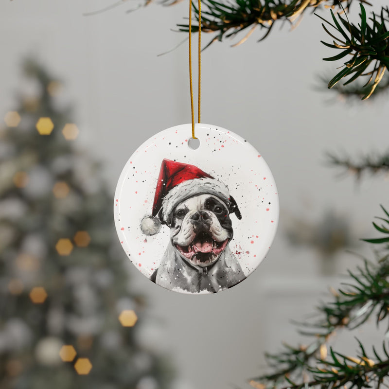 Christmas American Bulldog Round Ceramic Ornament