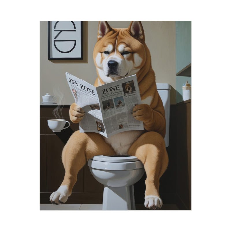 Funny Akita Bathroom Poster – Dog Sitting on Toilet Reading Newspaper | Humorous Dog Wall Art for Bathroom Decor