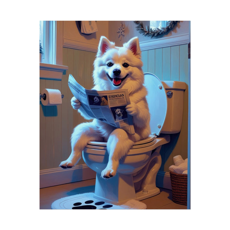 Funny American Eskimo Dog Bathroom Poster – Dog Sitting on Toilet Reading Newspaper | Humorous Dog Wall Art for Bathroom Decor