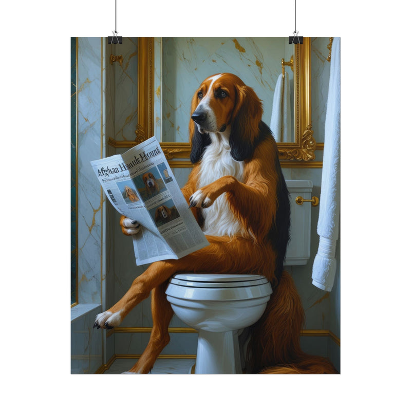 Funny Afghan Hound Bathroom Poster – Dog Sitting on Toilet Reading Newspaper | Humorous Dog Wall Art for Bathroom Decor