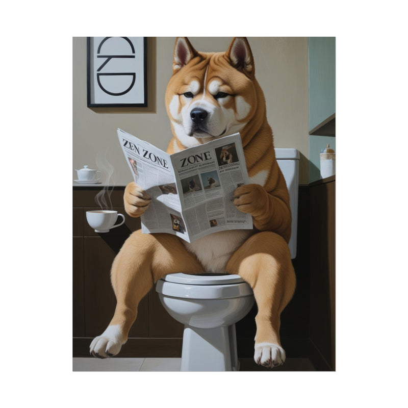 Funny Akita Bathroom Poster – Dog Sitting on Toilet Reading Newspaper | Humorous Dog Wall Art for Bathroom Decor