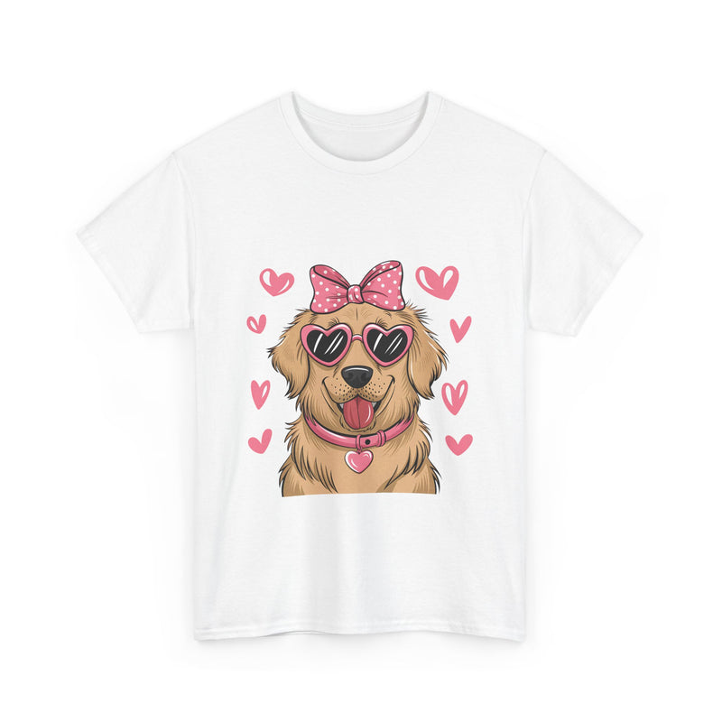 Golden Retriever with Pink Hearts Valentine's Day Unisex Heavy Cotton Tee